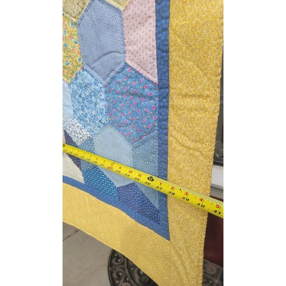 Vintage Baby Crib Quilt 40x56 Yellow Blue Patchwork Tumbling Blocks